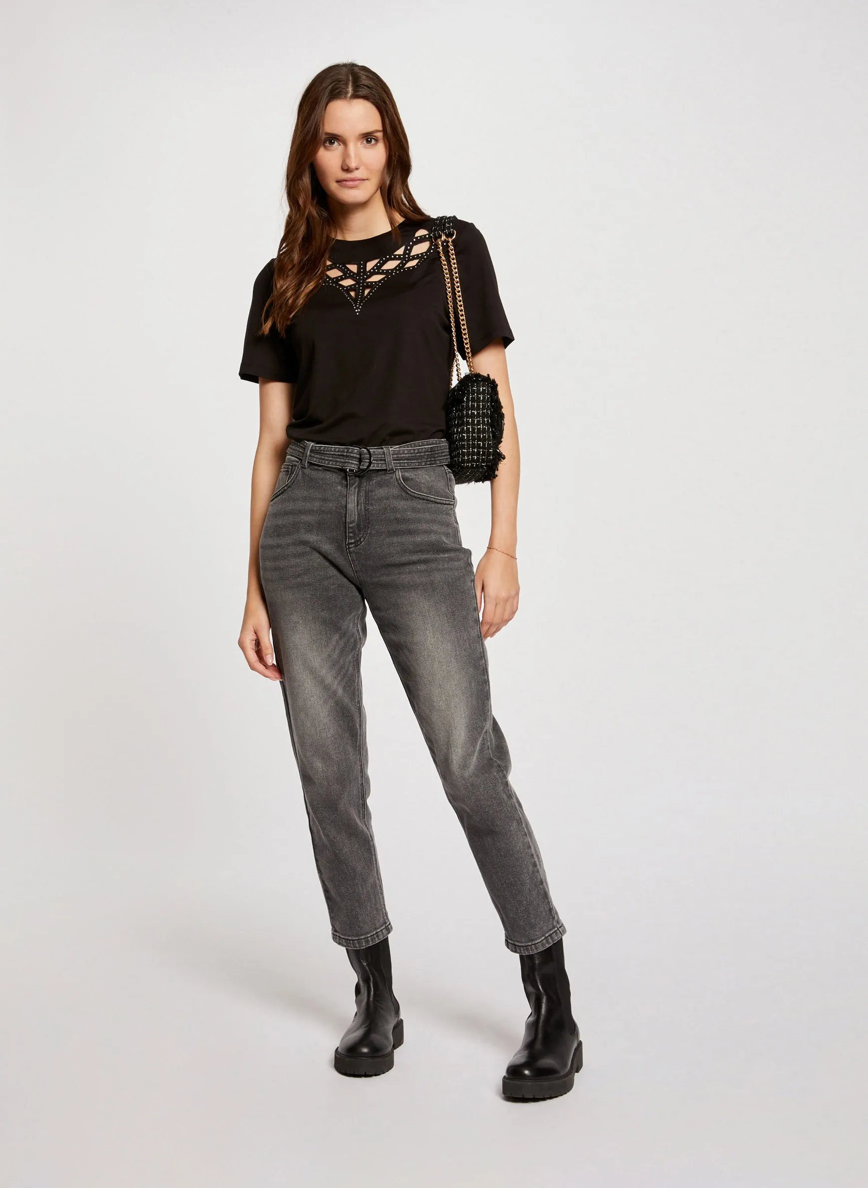 MORGAN DJUNGLE  CAMISETA DE MANGA CORTA CON STRASS EN NEGRO