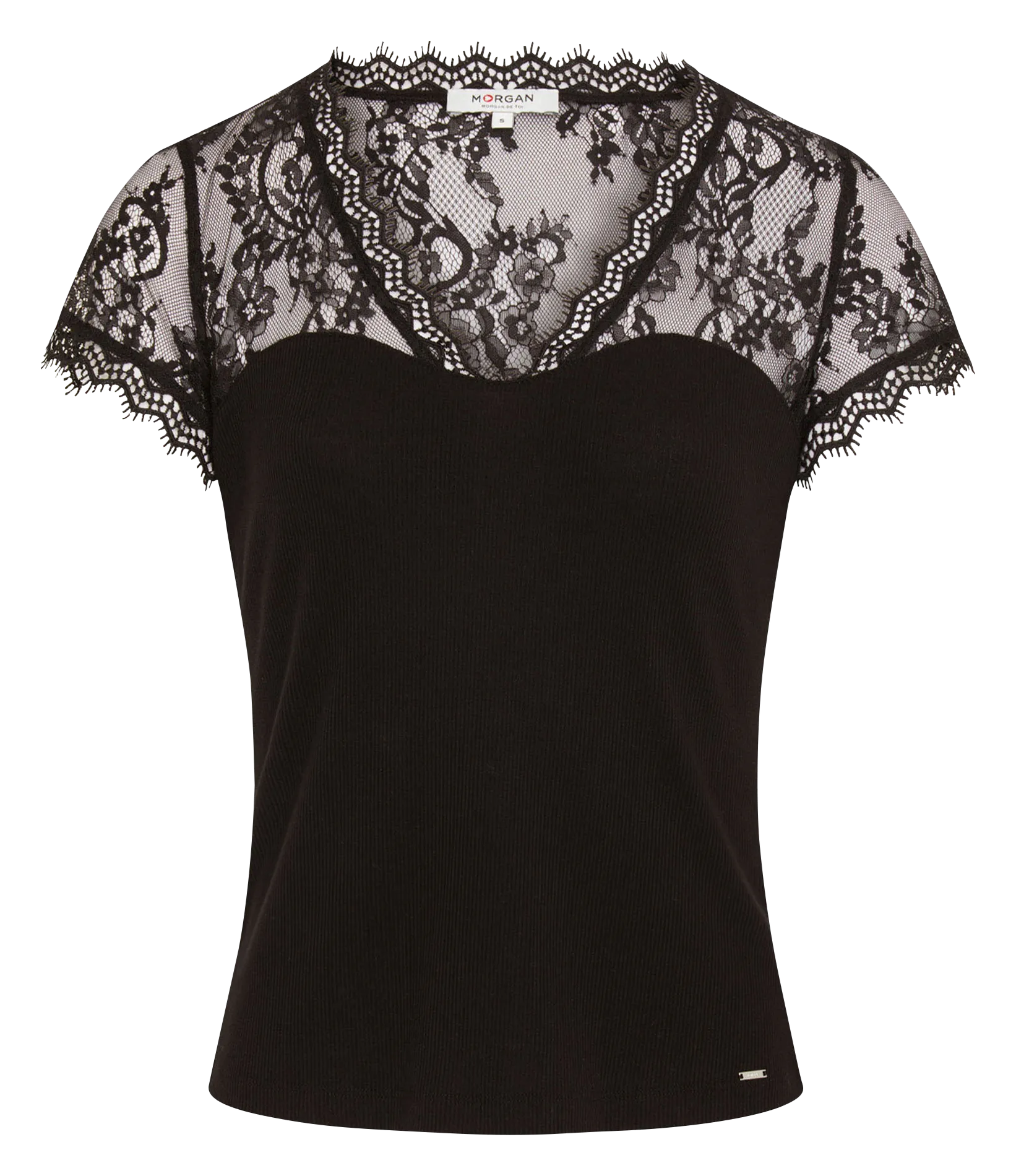 MORGAN DLAMI  CAMISETA DE ENCAJE CON CUELLO DE PICO EN NEGRO