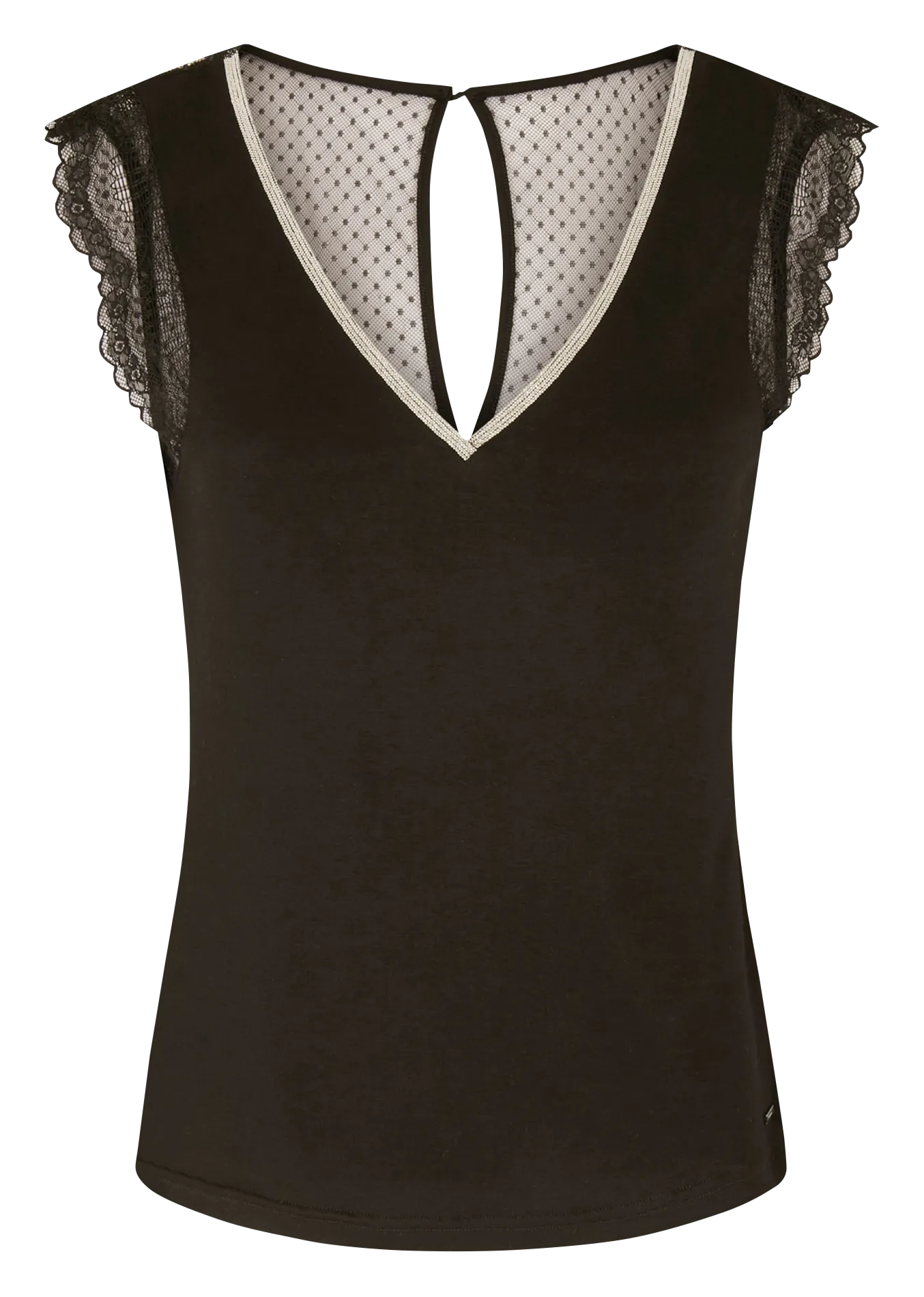 MORGAN DOCHAN  CAMISETA DE ENCAJE CON CUELLO DE PICO EN NEGRO