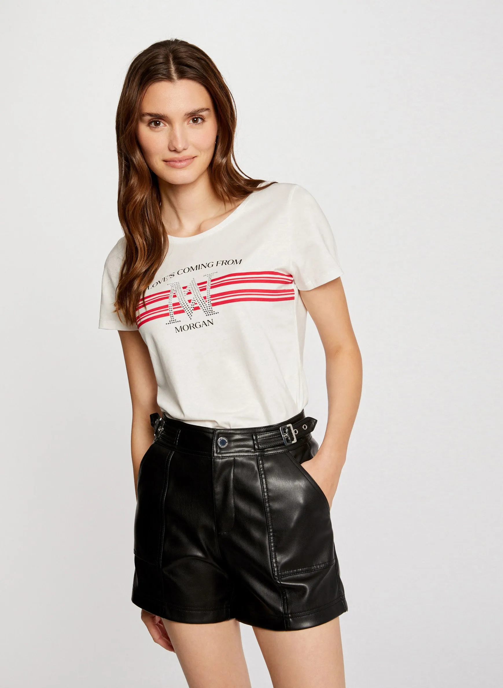 MORGAN DONNA  CAMISETA DE MEZCLA DE ALGODóN DE MANGA CORTA CON STRASS EN VIOLETA