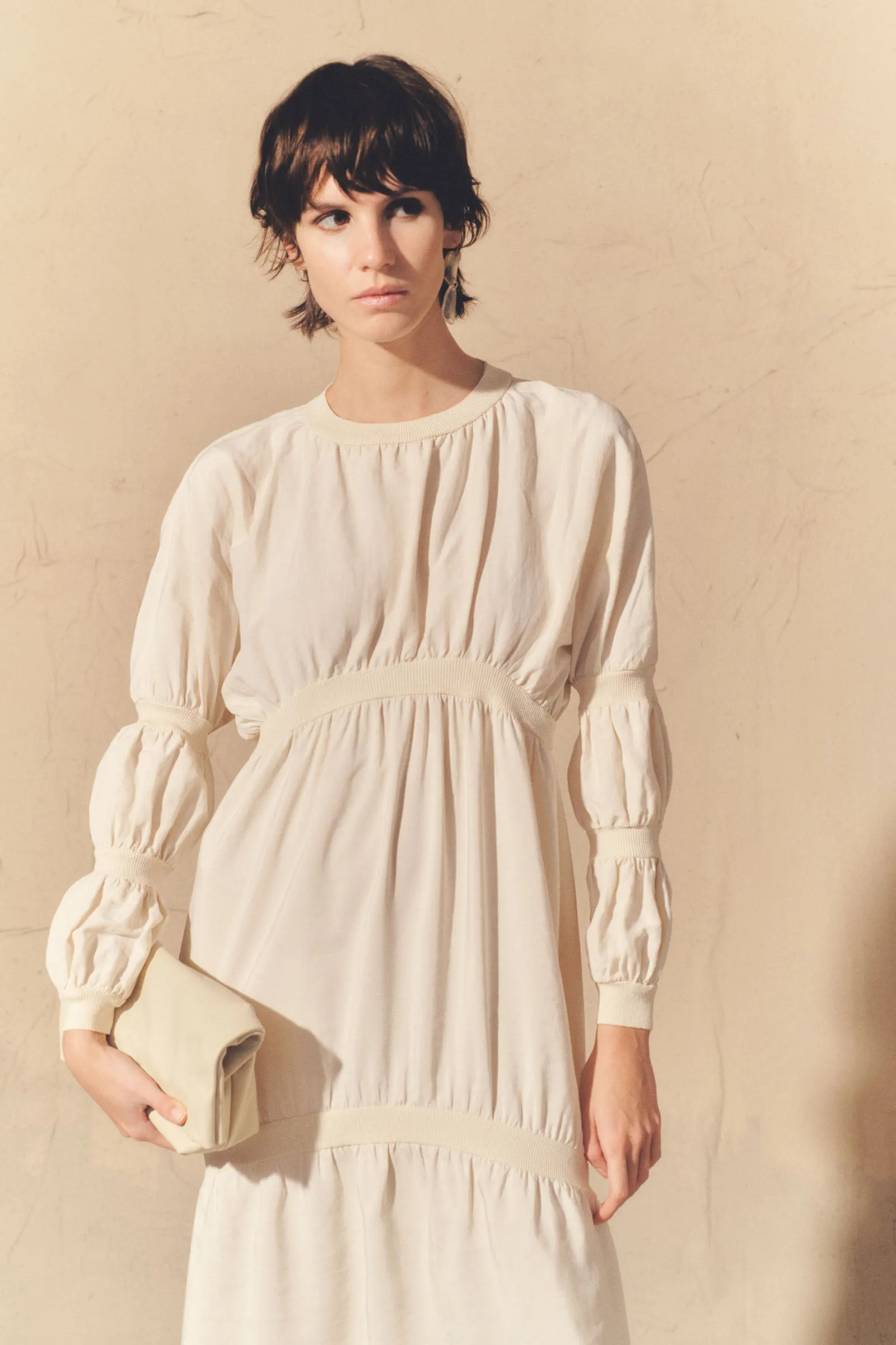 Morgan, dress in smoke gray linen and silk