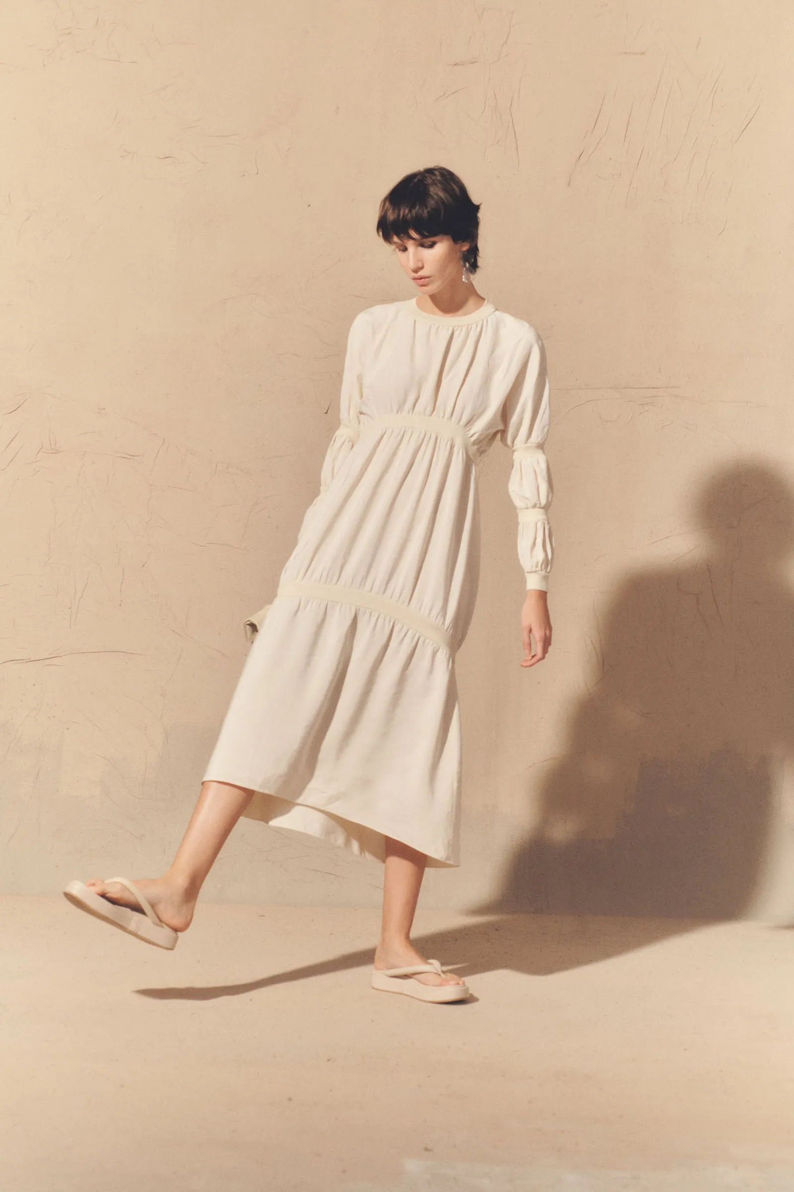 Morgan, dress in smoke gray linen and silk