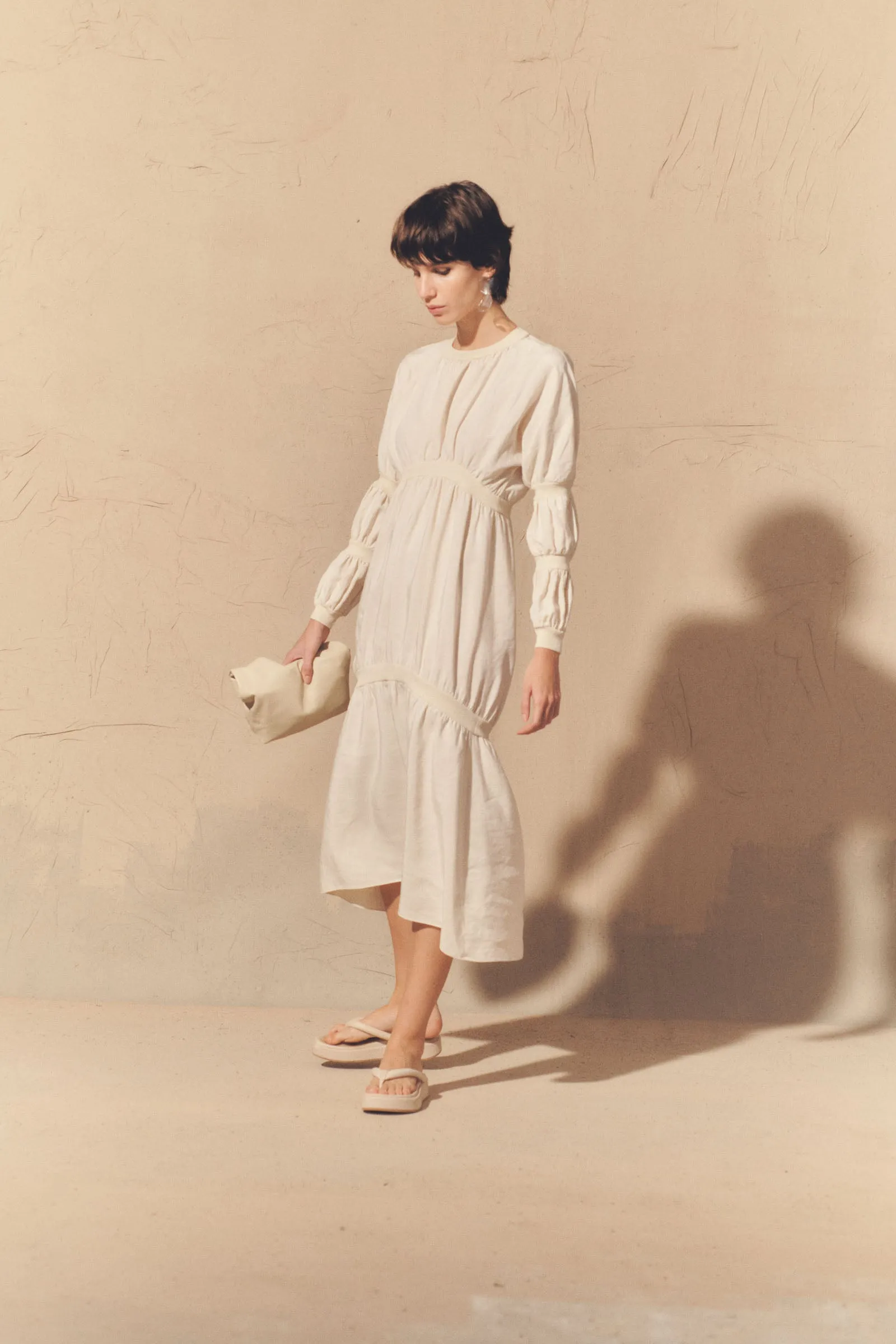 Morgan, dress in smoke gray linen and silk