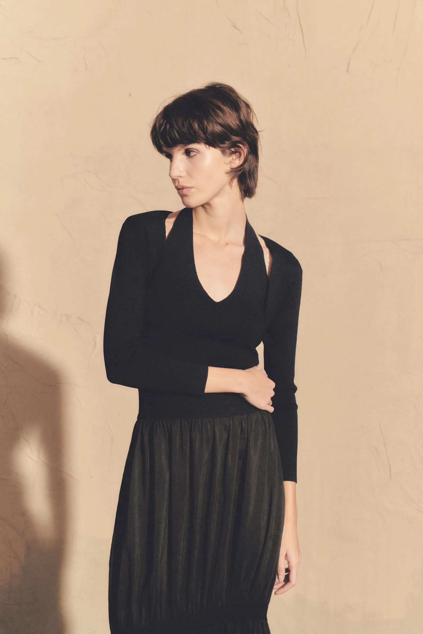 Morgan, long smoke gray linen and silk skirt
