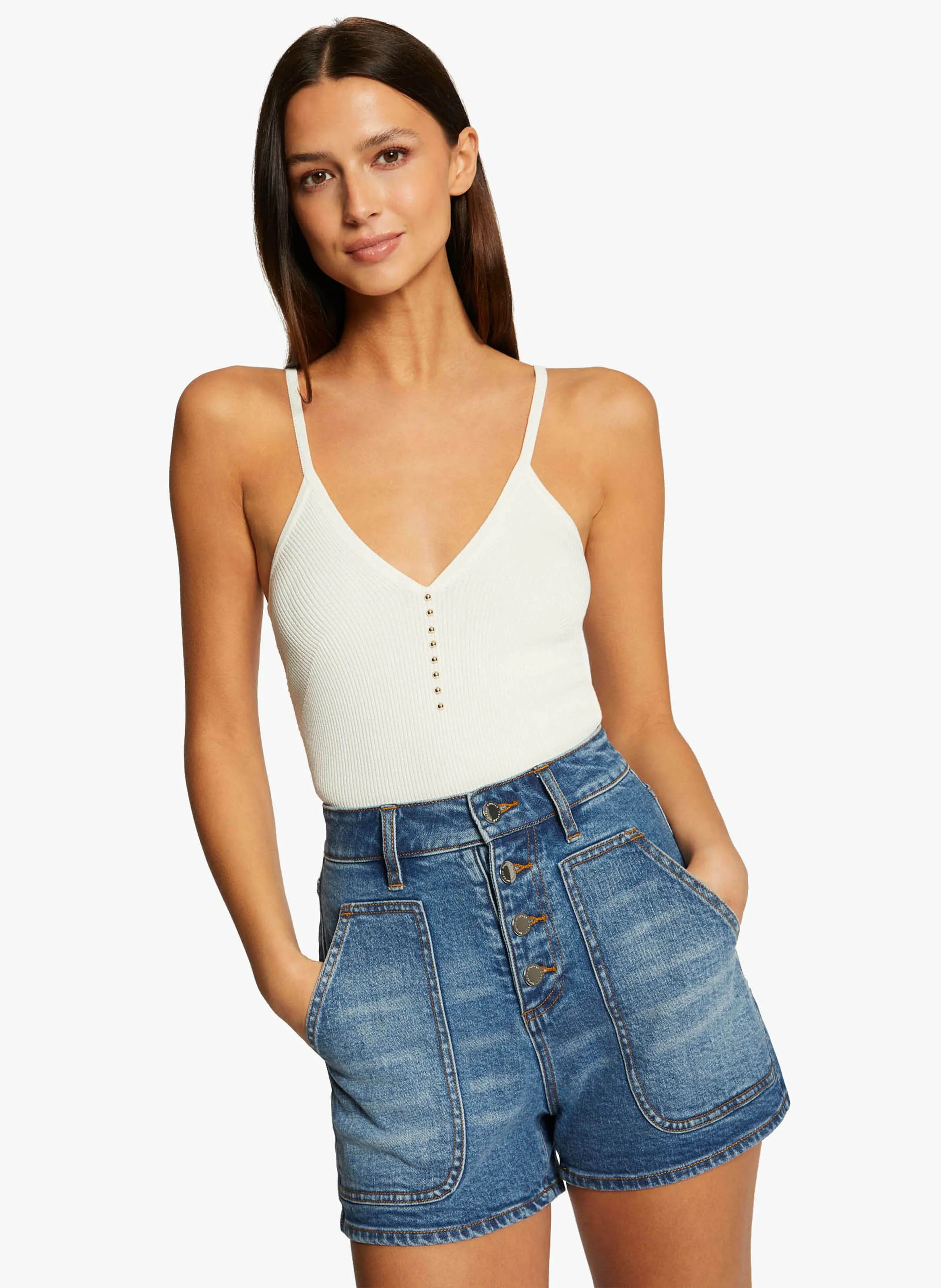 MORGAN MCREW  CAMISETA DE TIRANTES AJUSTADA CON CUELLO DE PICO EN BEIGE