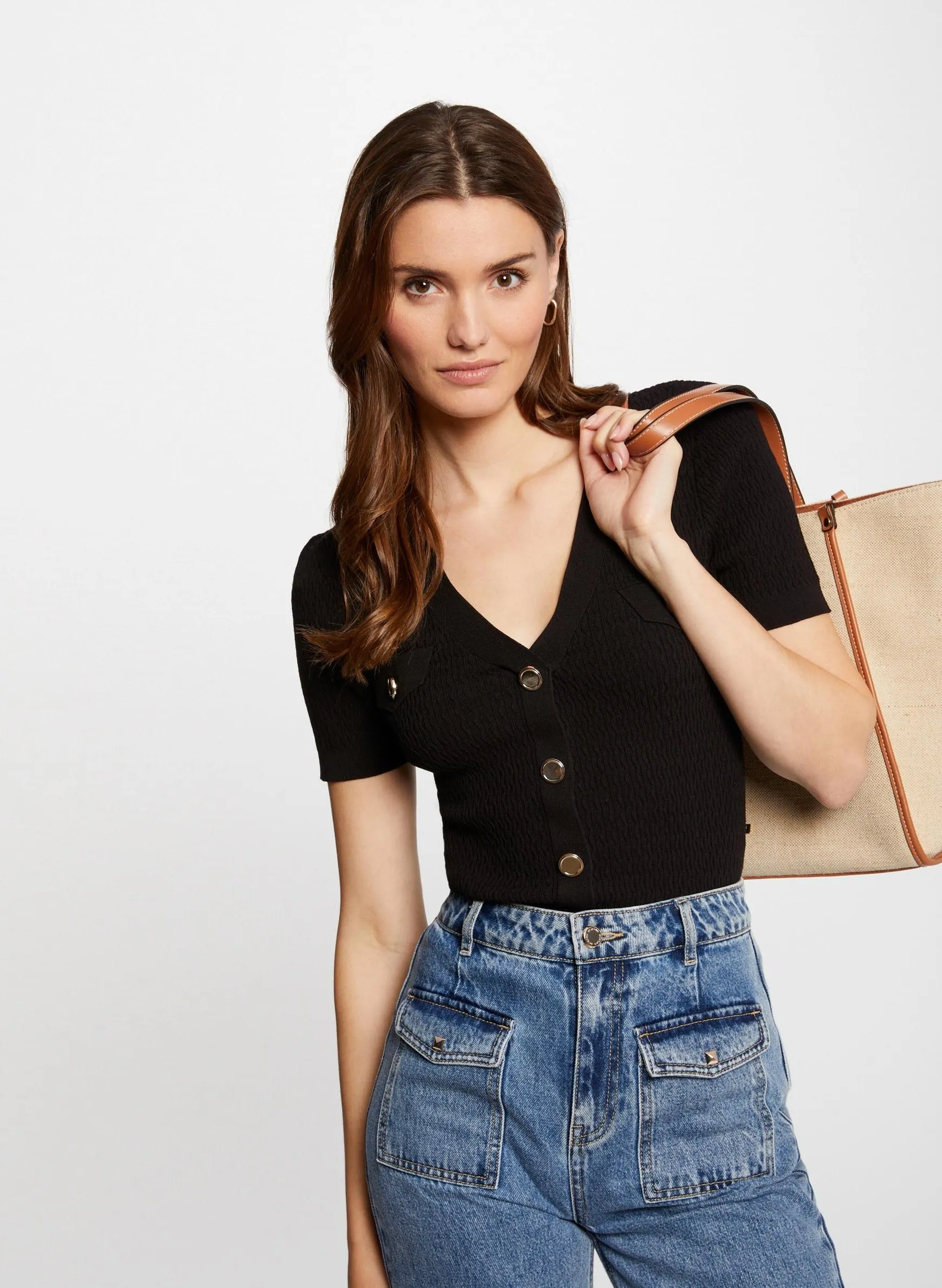 MORGAN MLILY  CAMISETA AJUSTADA DE PUNTO FINO DE CANALé EN NEGRO