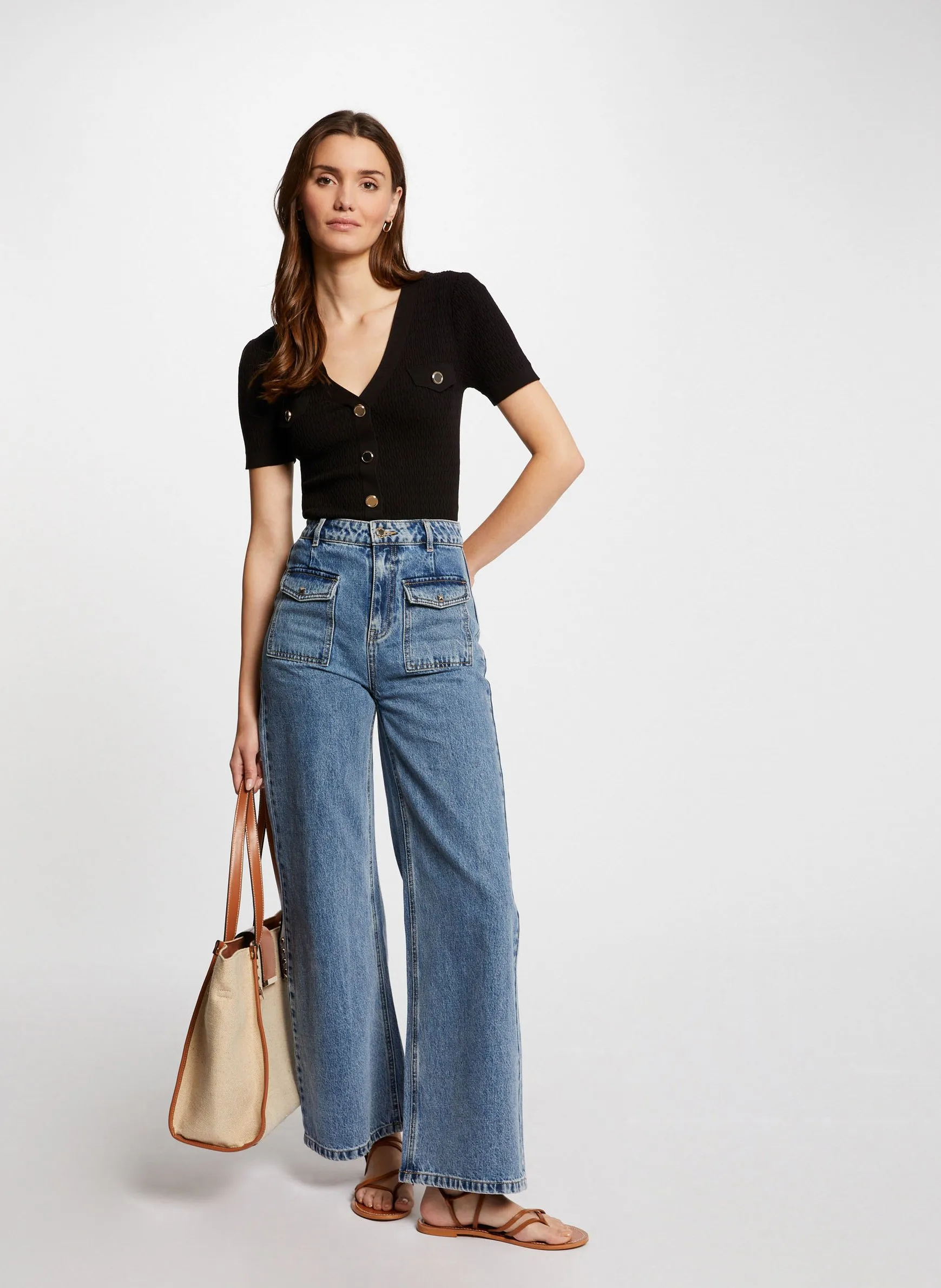MORGAN MLILY  CAMISETA AJUSTADA DE PUNTO FINO DE CANALé EN NEGRO