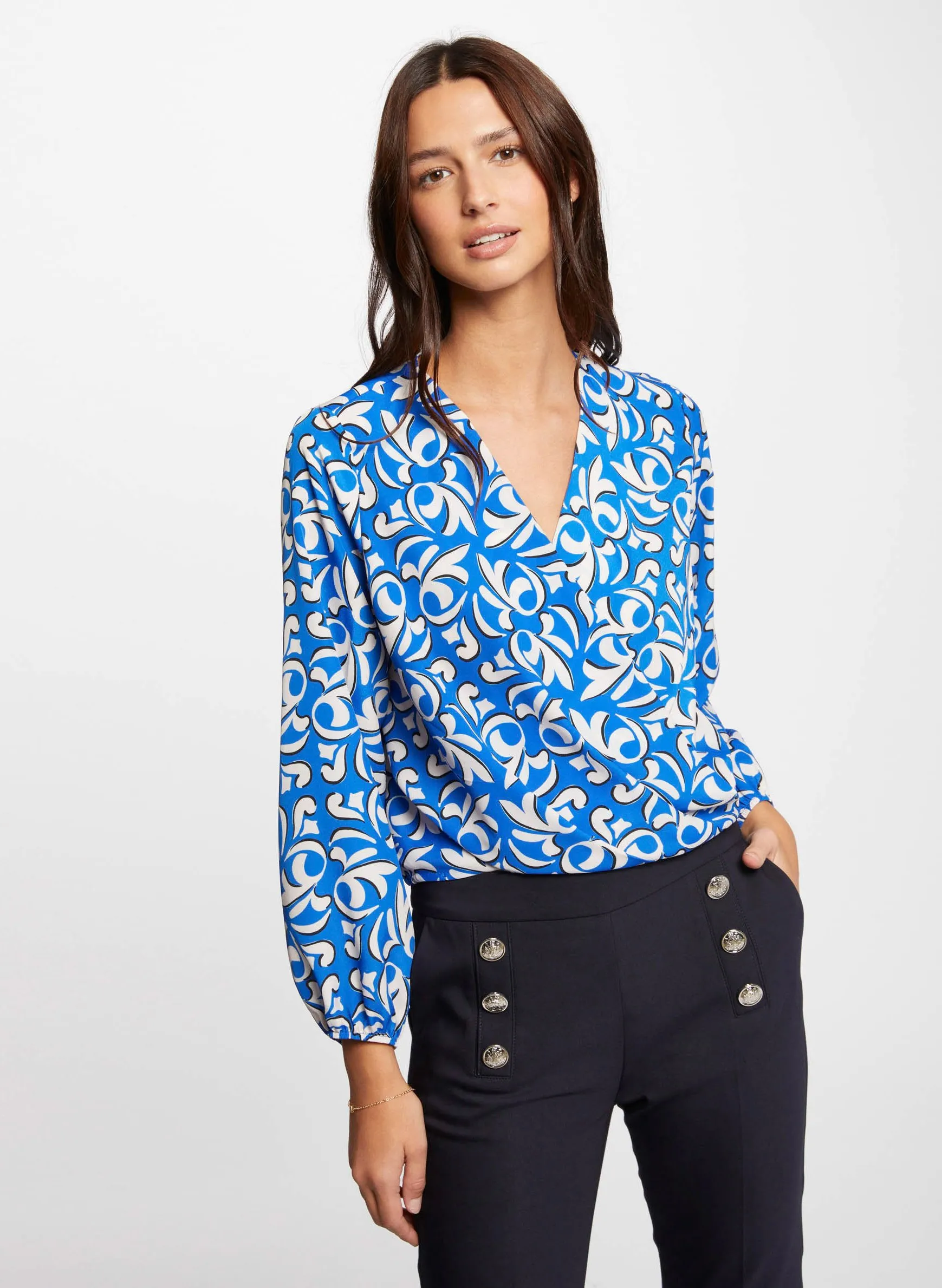 MORGAN ORIANE  TOP RECTO CON CUELLO DE PICO ESTAMPADO VEGETAL EN MULTICOLOR
