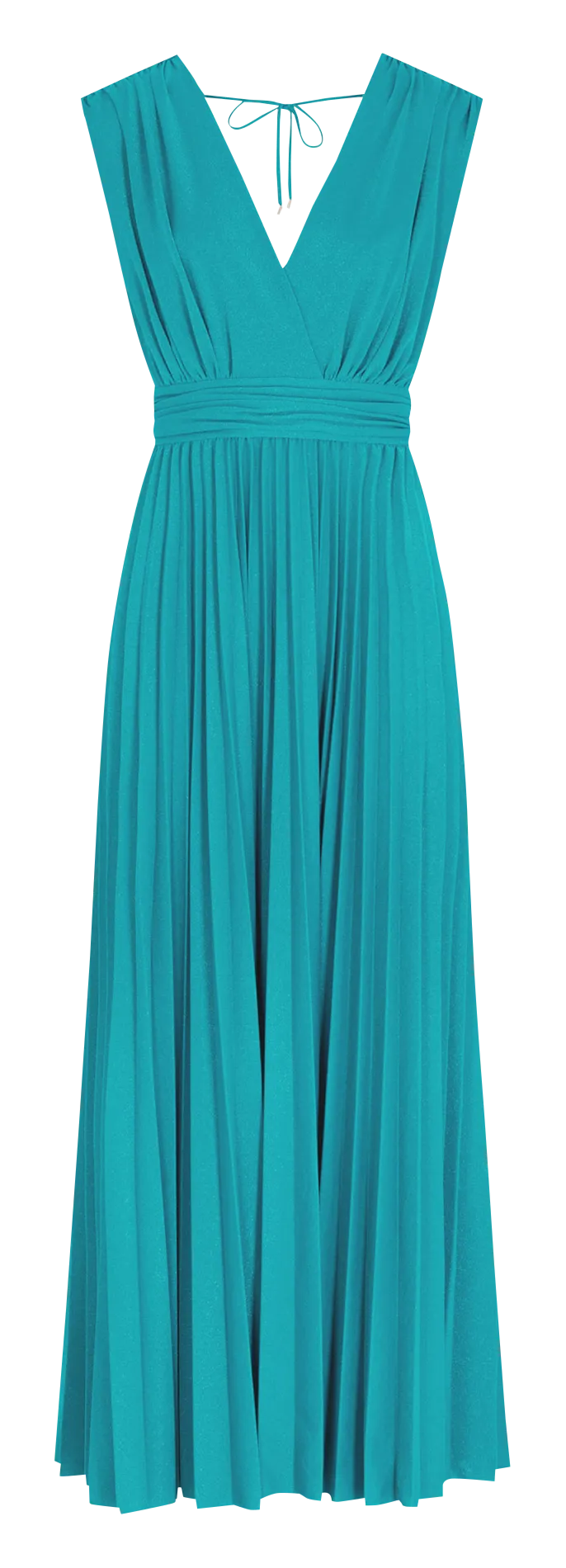 MORGAN REINE  VESTIDO LARGO CON CUELLO EN V, EVASé Y PLISADO. EN AZUL