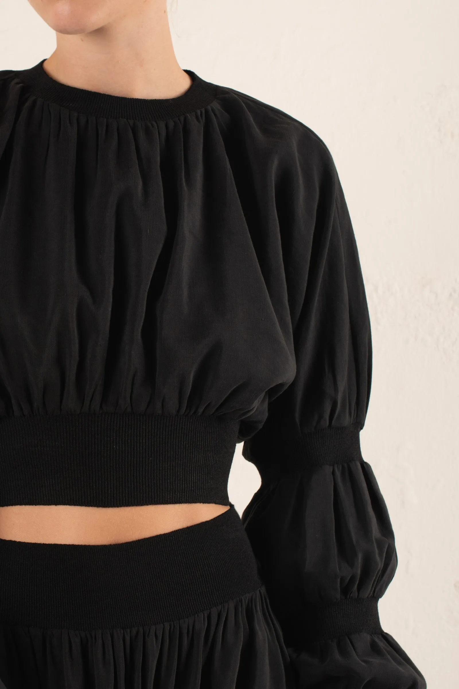 Morgan, smoke gray linen and silk crop top