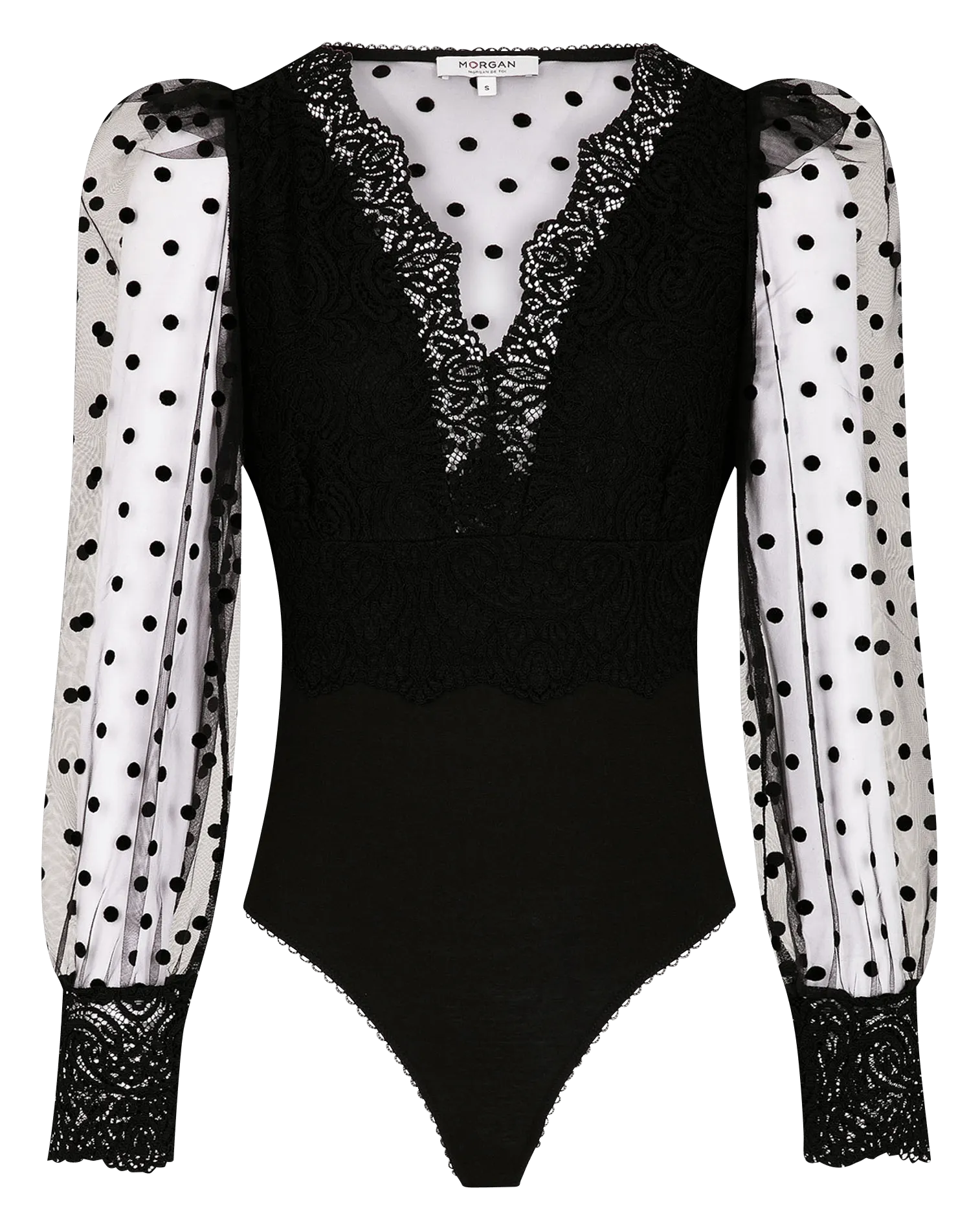 MORGAN TANI  BODY DE ENCAJE Y PLUMETI CON CUELLO DE PICO EN NEGRO