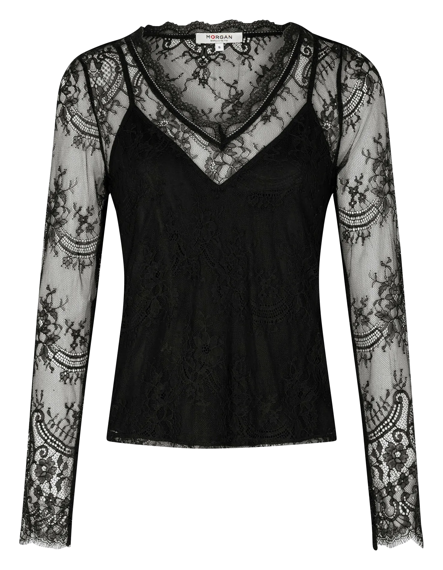 MORGAN TAPA  TOP DE ENCAJE CON CUELLO DE PICO EN NEGRO