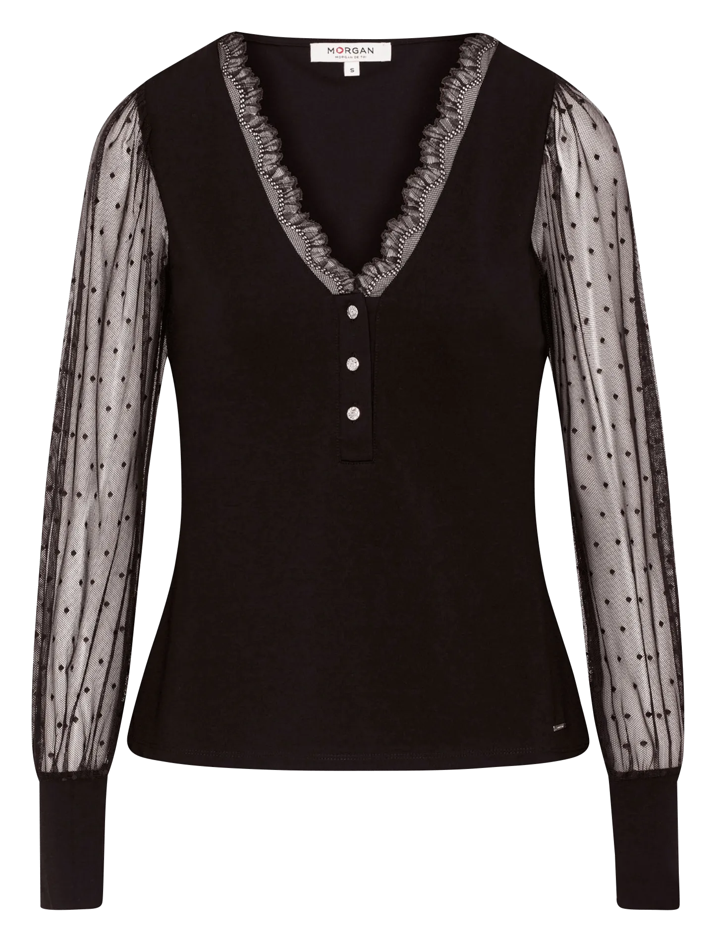 MORGAN TEANA  TOP DE PLUMETI CON CUELLO DE PICO EN NEGRO