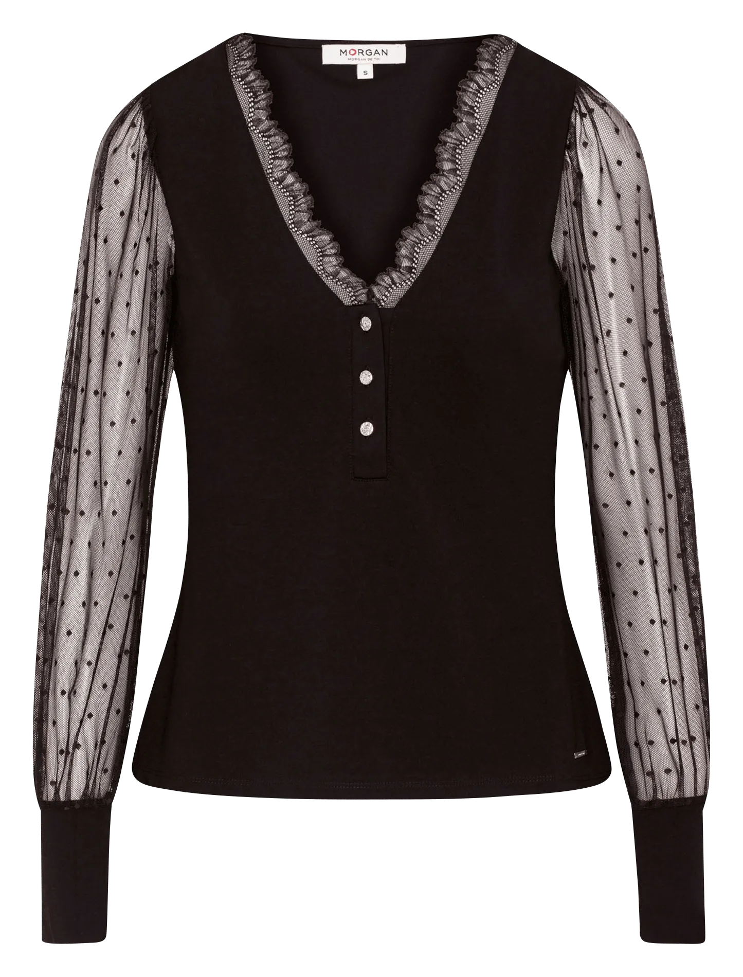 MORGAN TEANA  TOP DE PLUMETI CON CUELLO DE PICO EN NEGRO