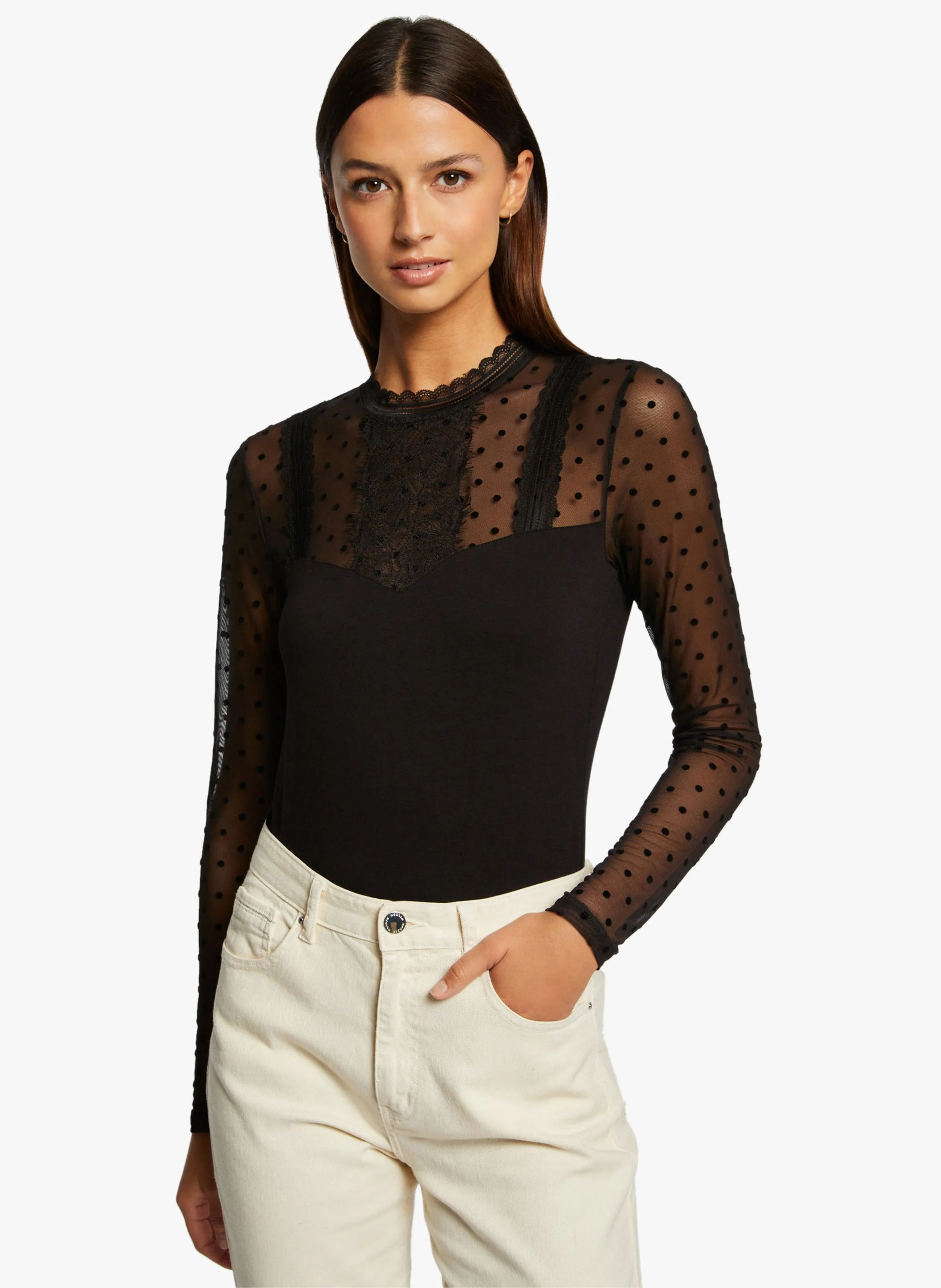 MORGAN TELLY  TOP RECTO DE LUNARES CON CUELLO VICTORIANO EN NEGRO