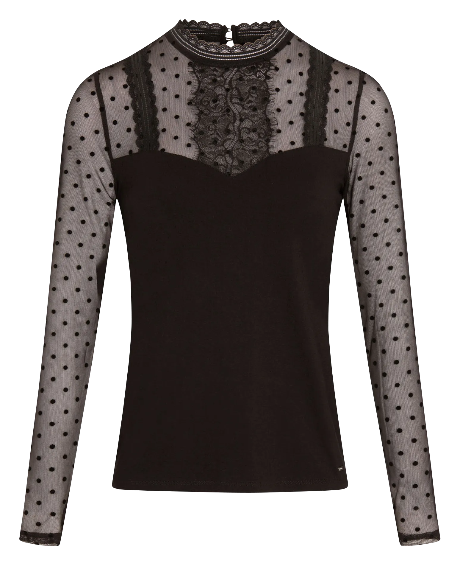 MORGAN TELLY  TOP RECTO DE LUNARES CON CUELLO VICTORIANO EN NEGRO