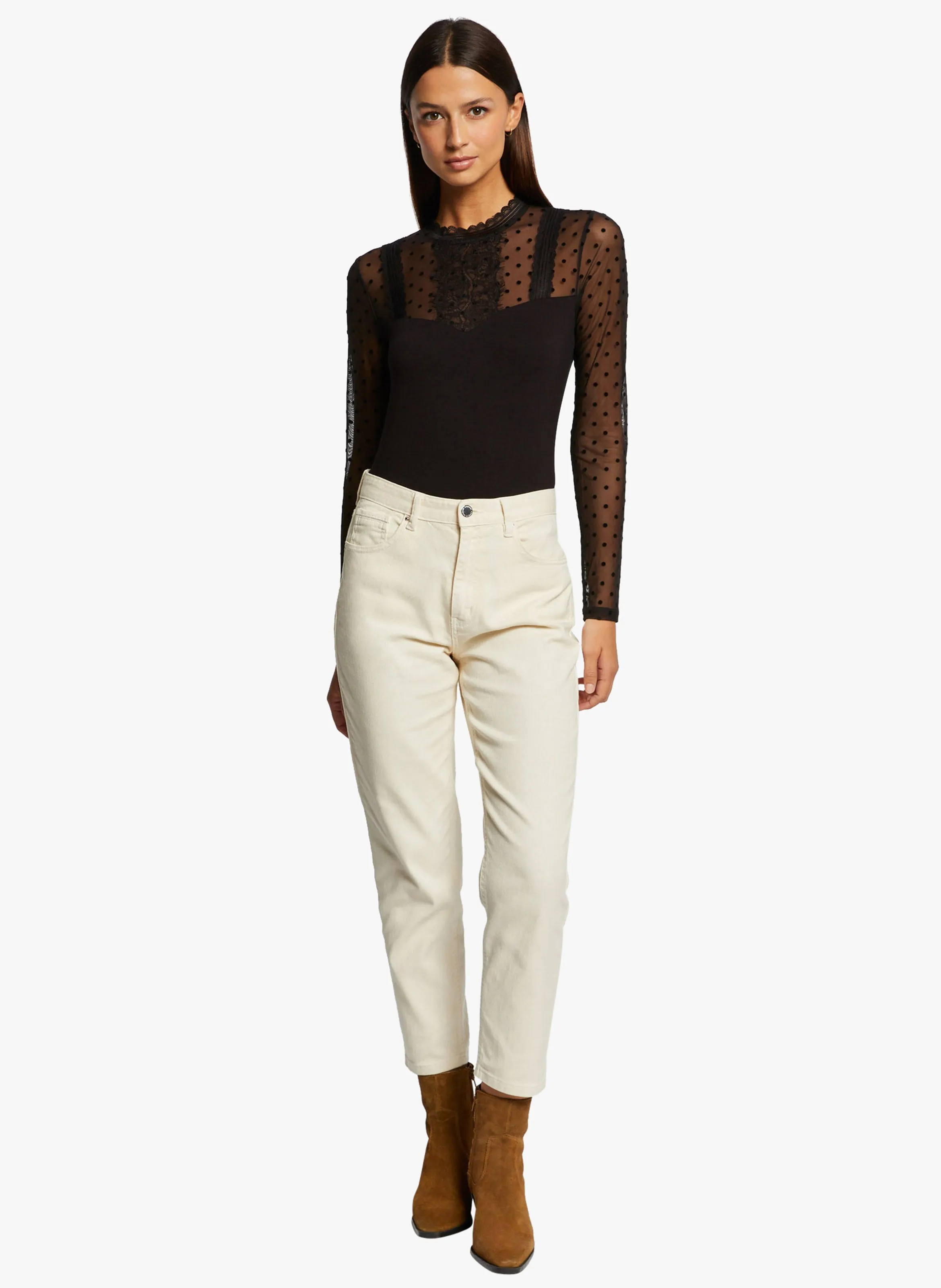 MORGAN TELLY  TOP RECTO DE LUNARES CON CUELLO VICTORIANO EN NEGRO