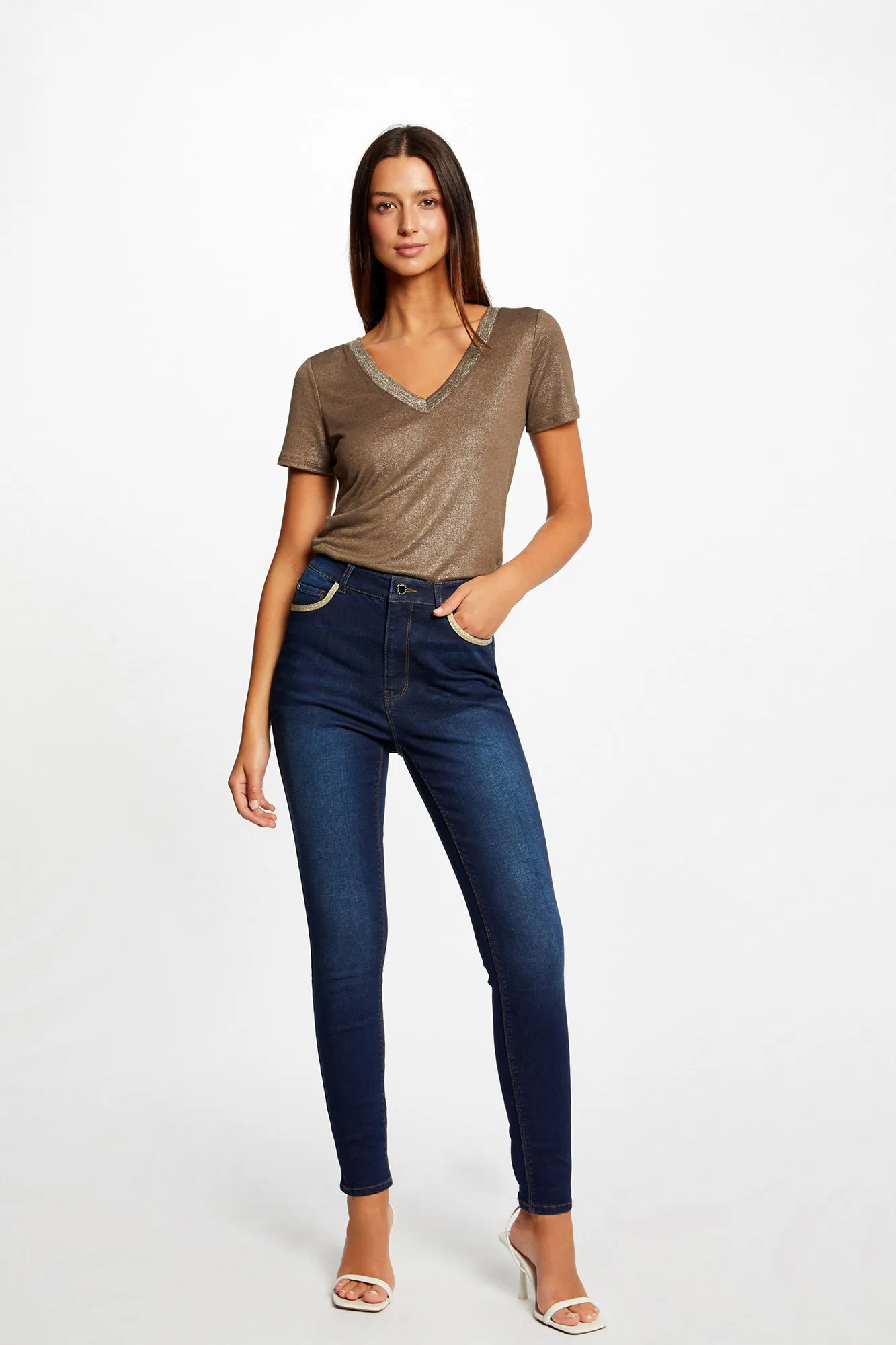 Morgan Vaquero skinny con bandas metalizadas
