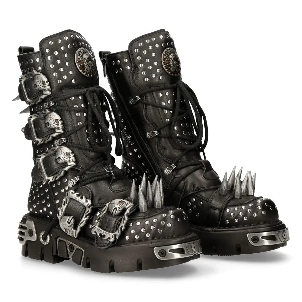 NEW ROCK 1535S1 BOTAS ALTAS MILITARES DE CUERO NEGRAS CON HEBILLAS DE METAL SPIKES PUNK EMO