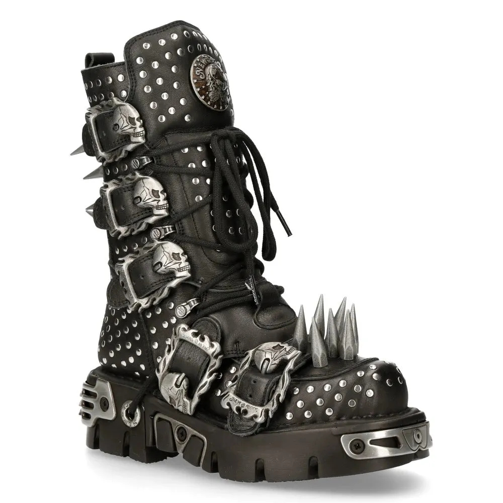 NEW ROCK 1535S1 BOTAS ALTAS MILITARES DE CUERO NEGRAS CON HEBILLAS DE METAL SPIKES PUNK EMO