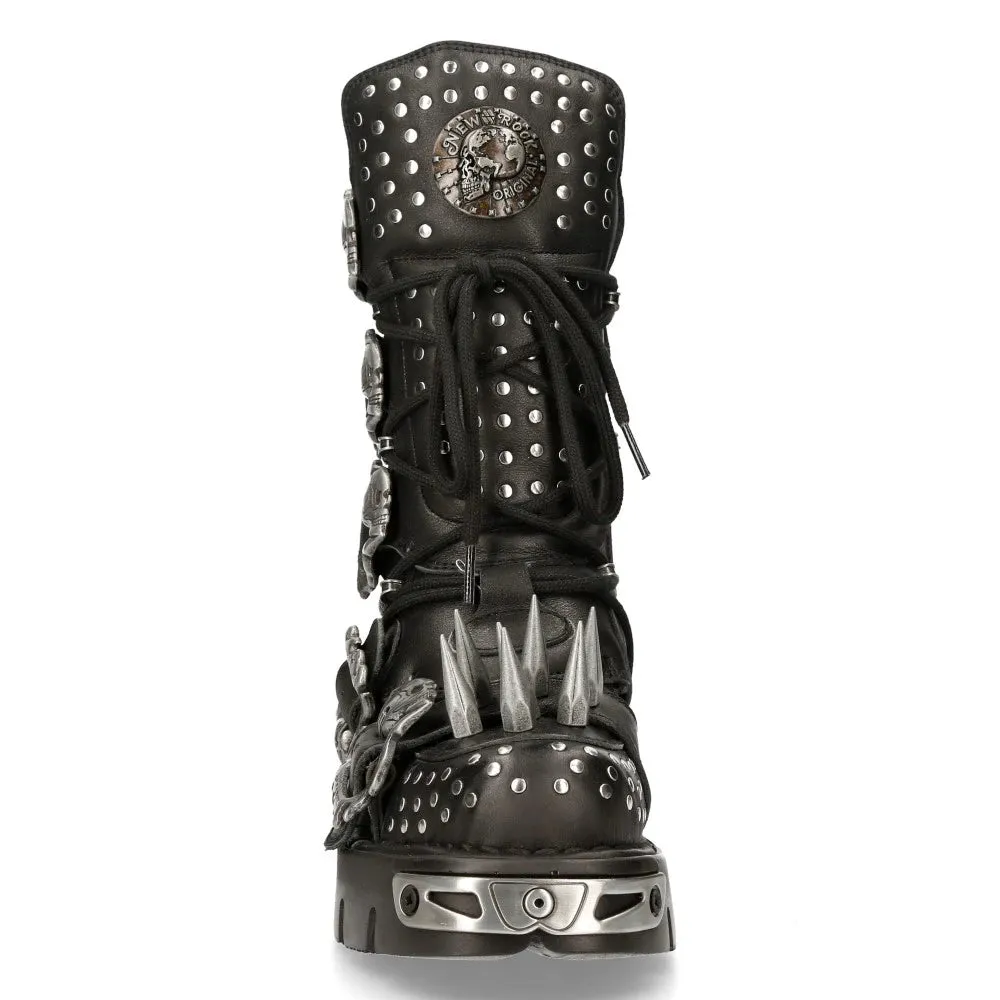 NEW ROCK 1535S1 BOTAS ALTAS MILITARES DE CUERO NEGRAS CON HEBILLAS DE METAL SPIKES PUNK EMO