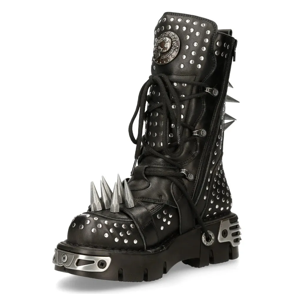 NEW ROCK 1535S1 BOTAS ALTAS MILITARES DE CUERO NEGRAS CON HEBILLAS DE METAL SPIKES PUNK EMO
