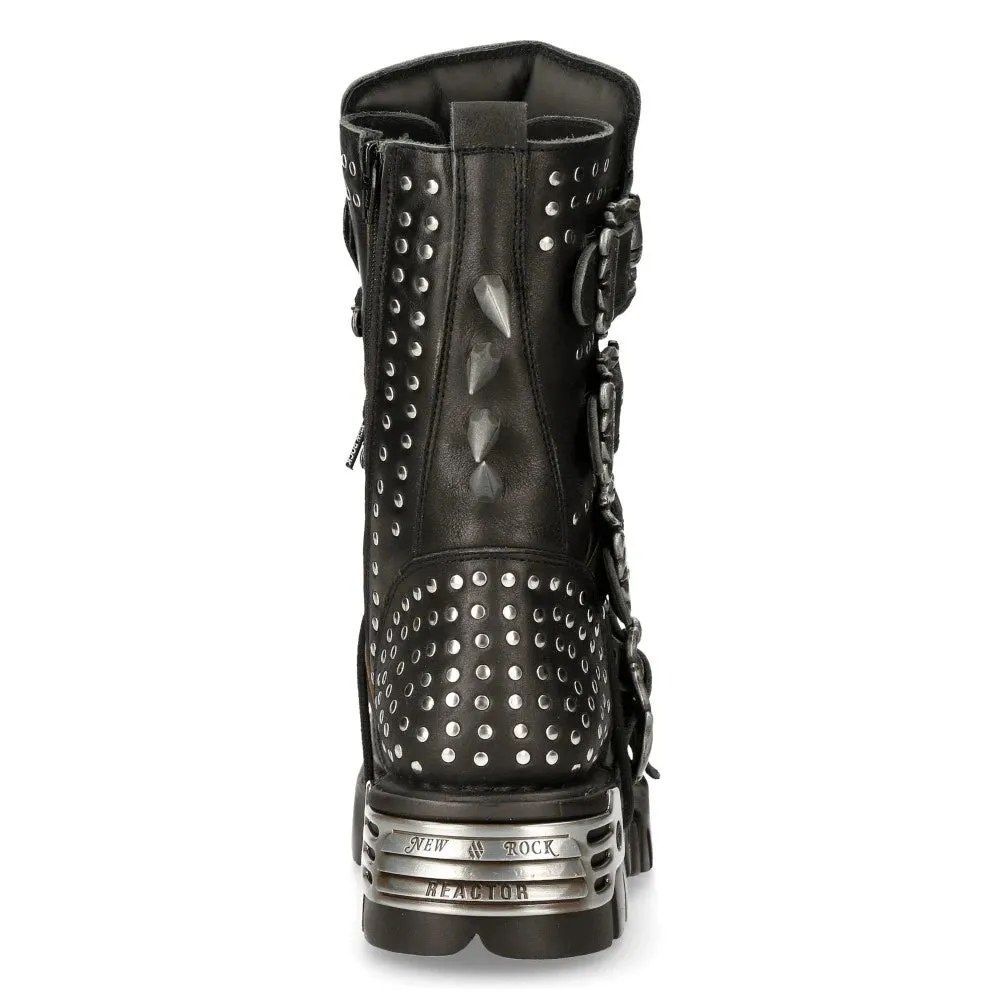 NEW ROCK 1535S1 BOTAS ALTAS MILITARES DE CUERO NEGRAS CON HEBILLAS DE METAL SPIKES PUNK EMO
