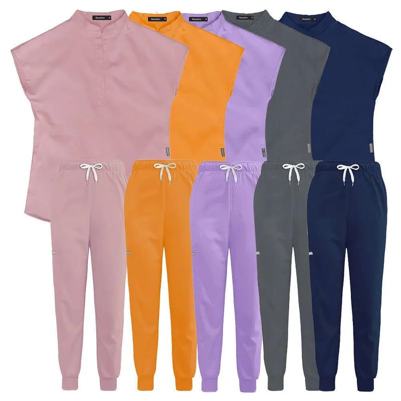 Niaa Hinn Scrubs for Women Scrubs uniformes establecidos con cremallera de nuevo producto Long no hierro sólido Tiempo de ocio p