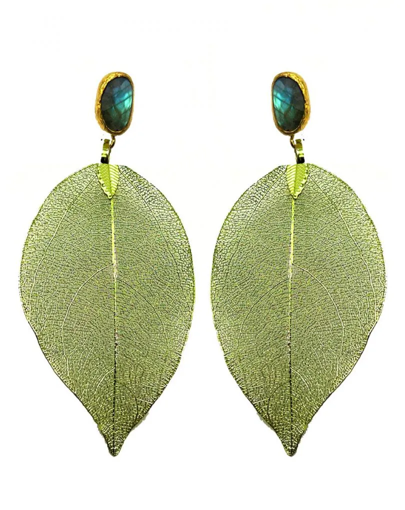 PENDIENTES LARGOS CON GRANDES HOJAS Y PIEDRA LABRADORITA