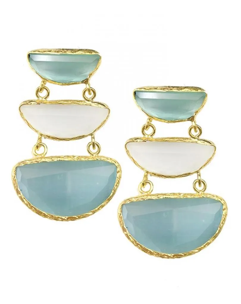PENDIENTES LARGOS ELEGANTES CON TRIO DE PIEDRA AZUL Y BLANCA