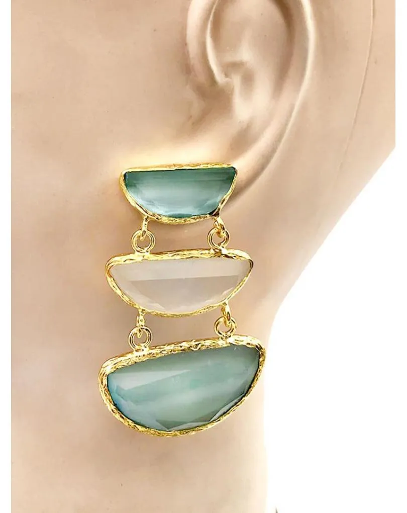 PENDIENTES LARGOS ELEGANTES CON TRIO DE PIEDRA AZUL Y BLANCA
