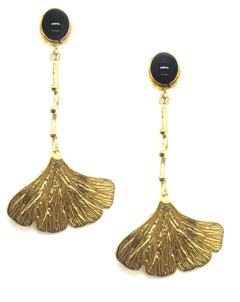 PENDIENTES MUJER LARGOS ELEGANTES DORADOS CON PÉTALO Y PIEDRA ONIX