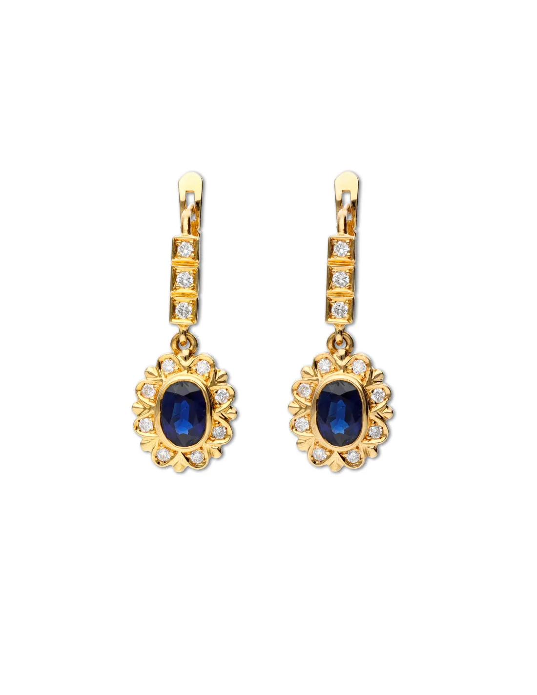 Pendientes Oro Amarillo, Zafiro Y Diamantes