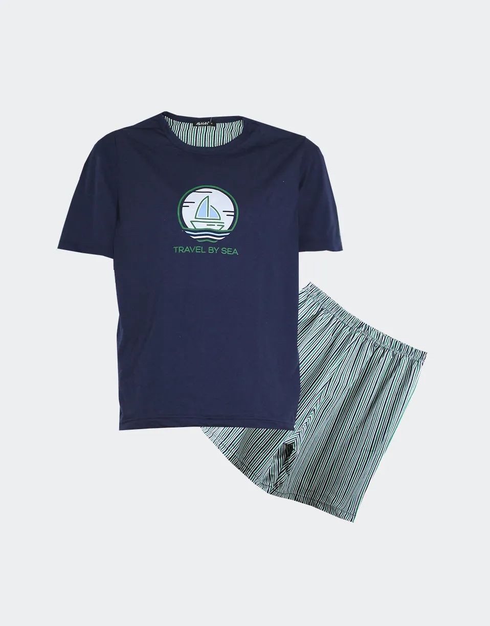 Pijama hombre punto CORTO dibujo barca con pantalón a rayas