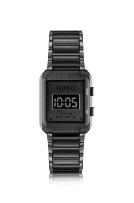 Reloj digital con pulsera de eslabones y esfera negra