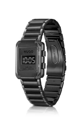 Reloj digital con pulsera de eslabones y esfera negra