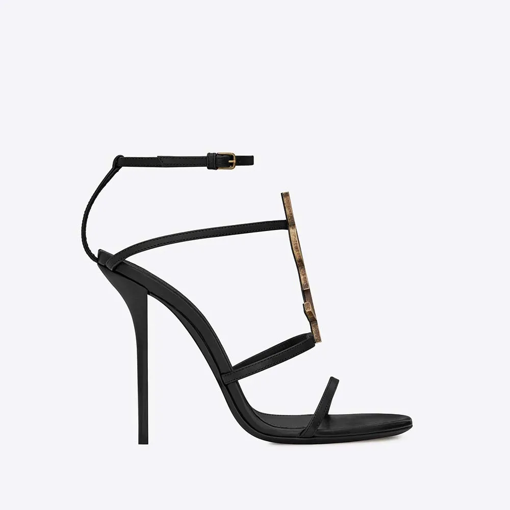 Saint Laurent YSL Mujer Cassandra Sandalia Logo Dorado Tacón Liso 11cm