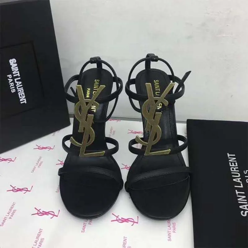 Saint Laurent YSL Mujer Cassandra Sandalia Logo Dorado Tacón Liso 11cm
