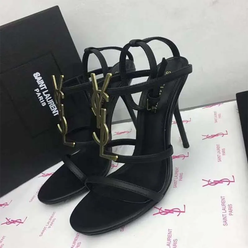 Saint Laurent YSL Mujer Cassandra Sandalia Logo Dorado Tacón Liso 11cm