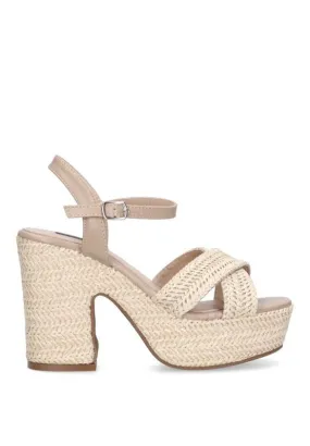 Sandalia Cruzada Con Tacón De Esparto Beige