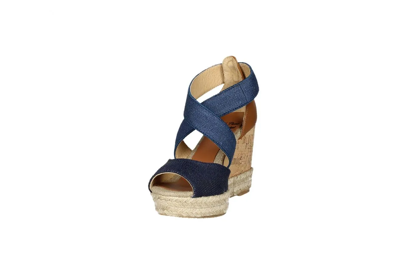 Sandalia Lino Azul Tiras Cruzadas Talon Cerrado Cuero