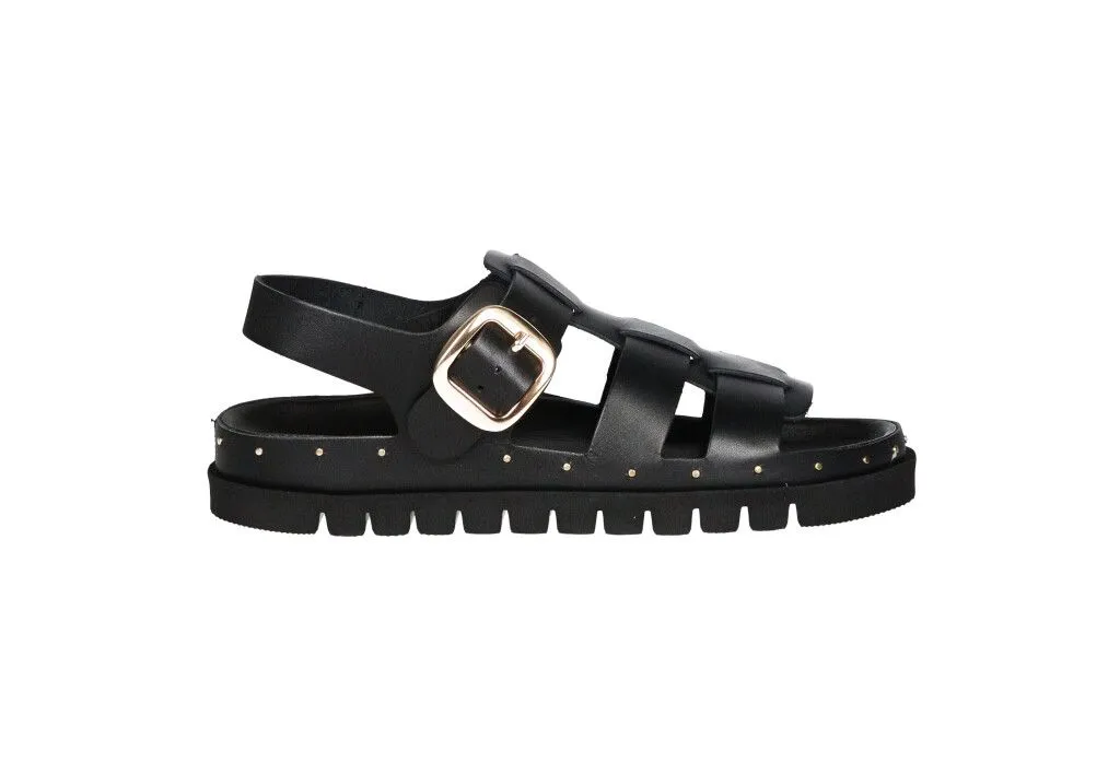 Sandalia t 3 Tiras Negra Hebilla y Tachas Redondas Doradas