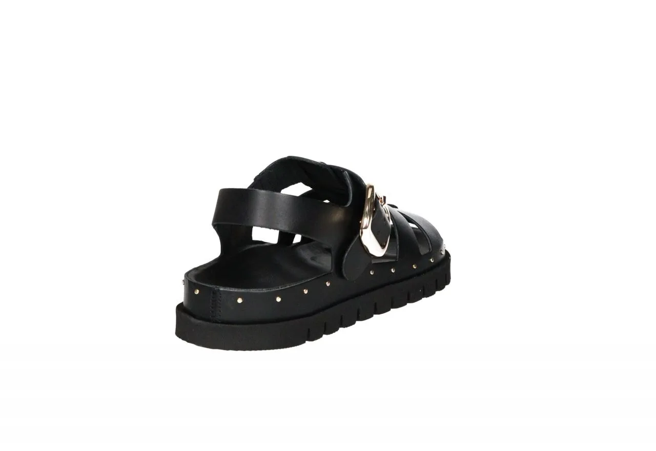 Sandalia t 3 Tiras Negra Hebilla y Tachas Redondas Doradas