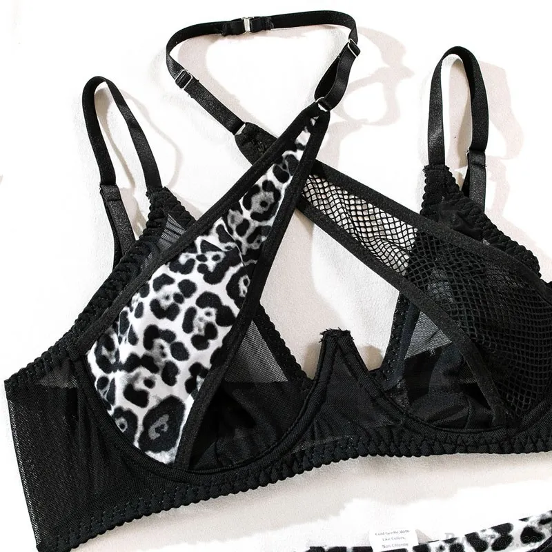 Sexy Leopard Cross Push Up Bralette Halter Fishnet Chemise Garter Belt Bra Panty 3 Piece Set Strap Exotic Underwear Women's Ling