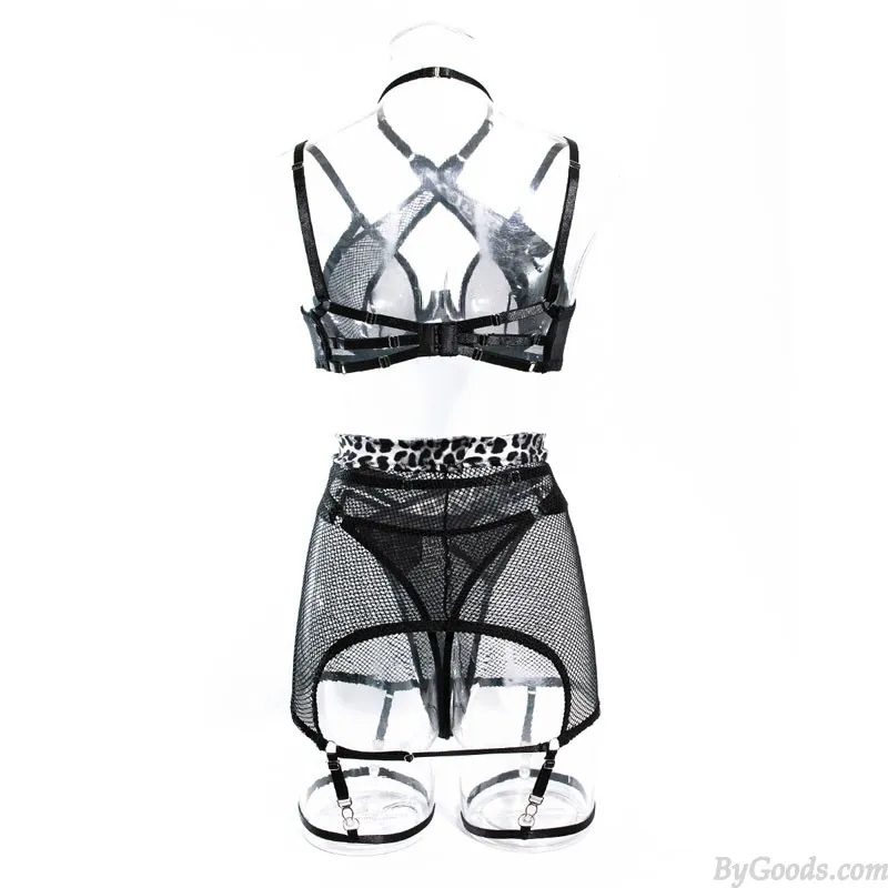Sexy Leopard Cross Push Up Bralette Halter Fishnet Chemise Garter Belt Bra Panty 3 Piece Set Strap Exotic Underwear Women's Ling