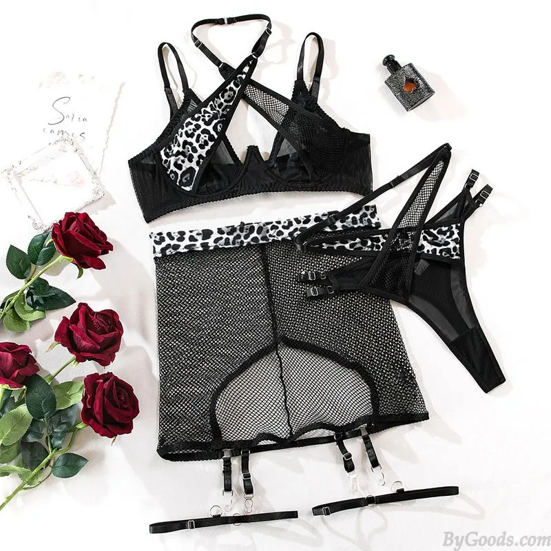 Sexy Leopard Cross Push Up Bralette Halter Fishnet Chemise Garter Belt Bra Panty 3 Piece Set Strap Exotic Underwear Women's Ling