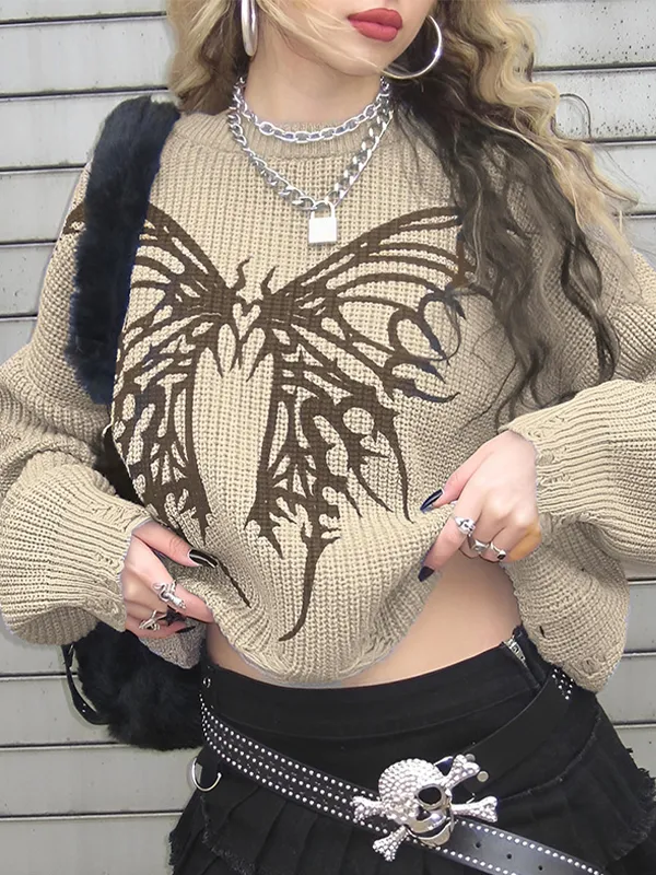 Suéter con diseño andrajoso de jacquard de mariposa