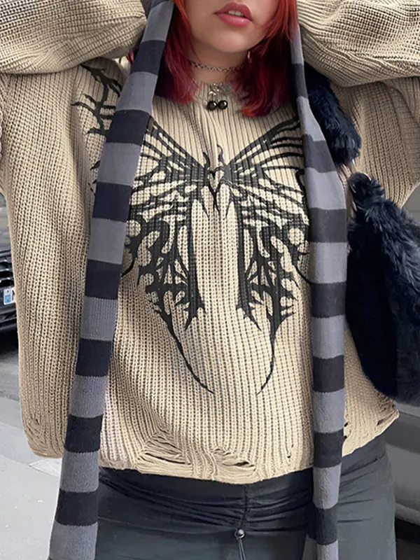 Suéter con diseño andrajoso de jacquard de mariposa