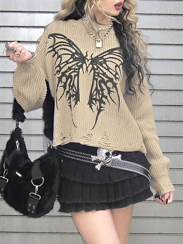 Suéter con diseño andrajoso de jacquard de mariposa