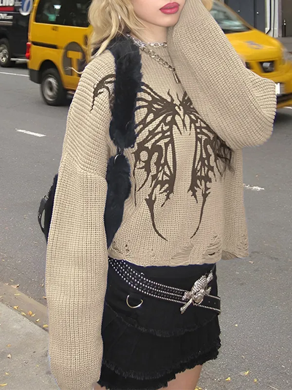 Suéter con diseño andrajoso de jacquard de mariposa
